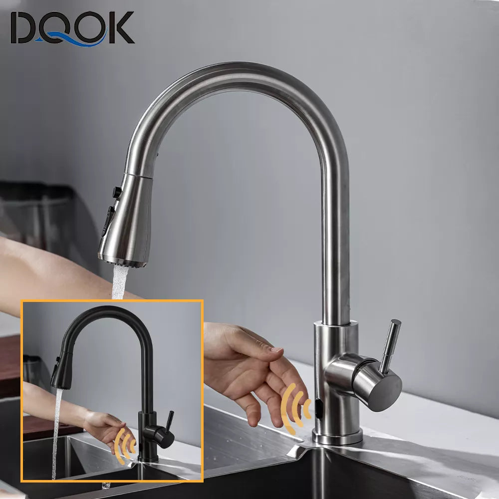 Smart Touchless Kitchen Faucet Brushed Poll Out Infrared Sensor Faucets