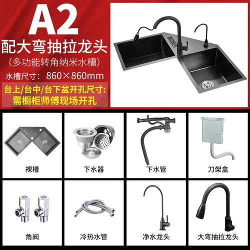 304 Stainless Steel Corner Sink Kitchen Fixture Gourmet Faucet Kitchen